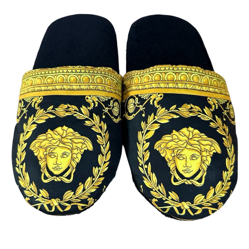 Authentic Italian Versace Black Slippers Gold Medusa I ♡ BAROQUE Luxury Designer - Picture 1 of 10